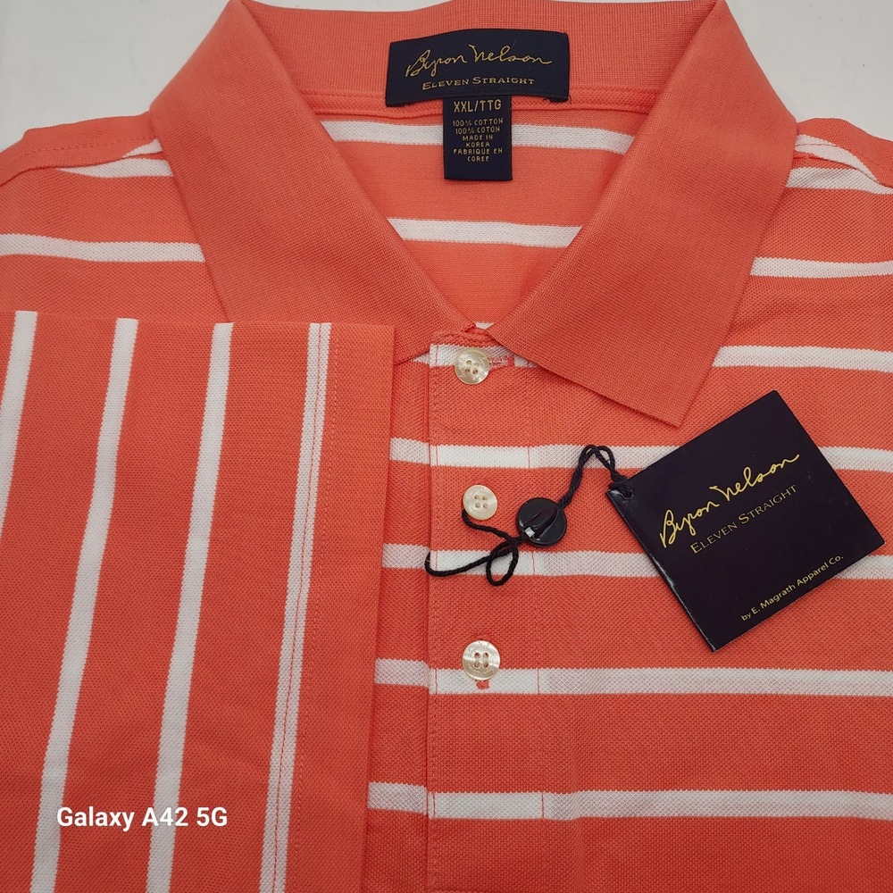 Byron Nelson Eleven Straight Mens Coral White Stripe Polo Shirt XXL Cotton‎